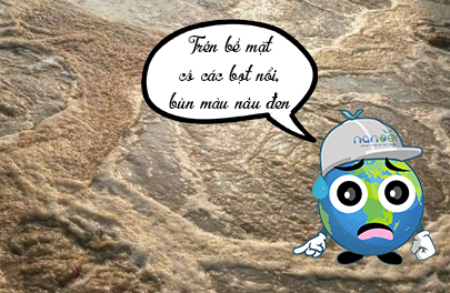Trên bề mặt có các bọt nổi, bùn màu nâu đen